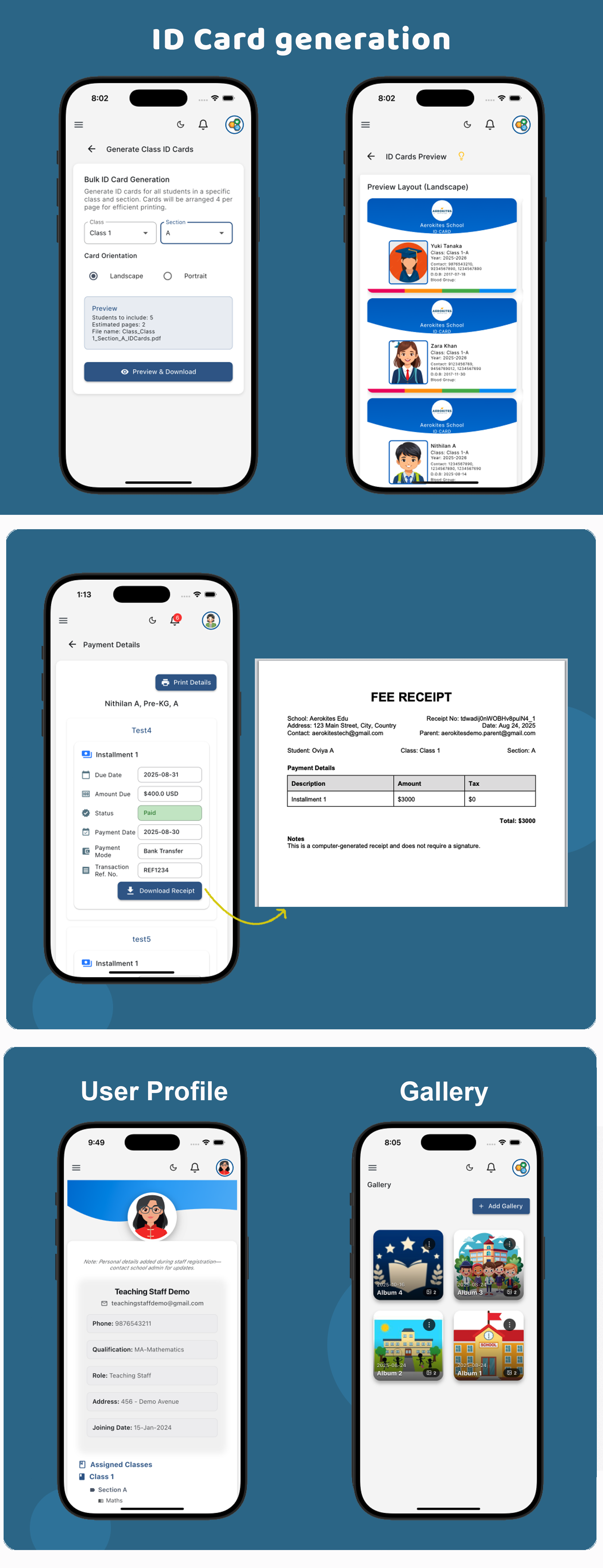 ID card generation, fee receipts, user profiles and school gallery in Aerokids Edu