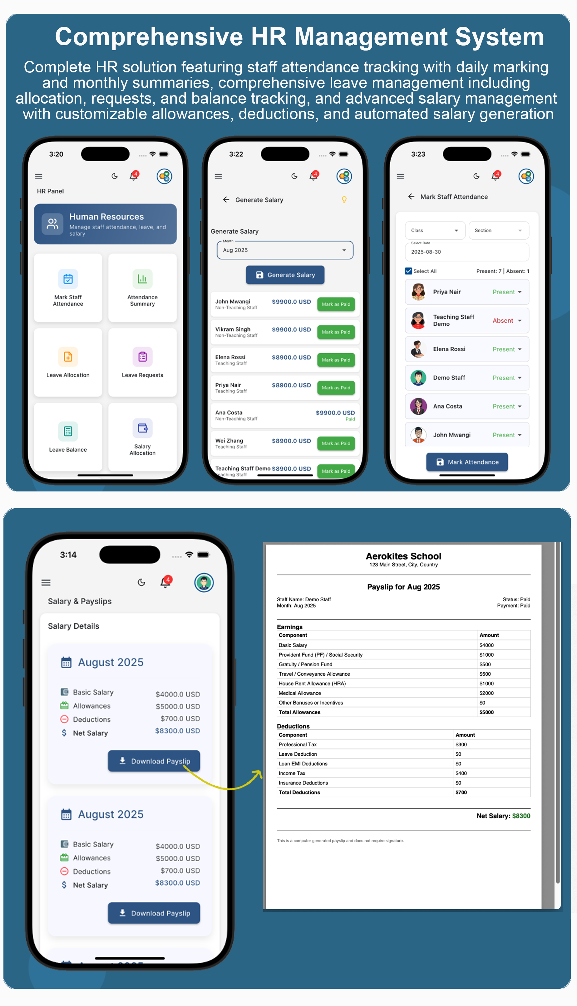 HR panel with attendance and salary