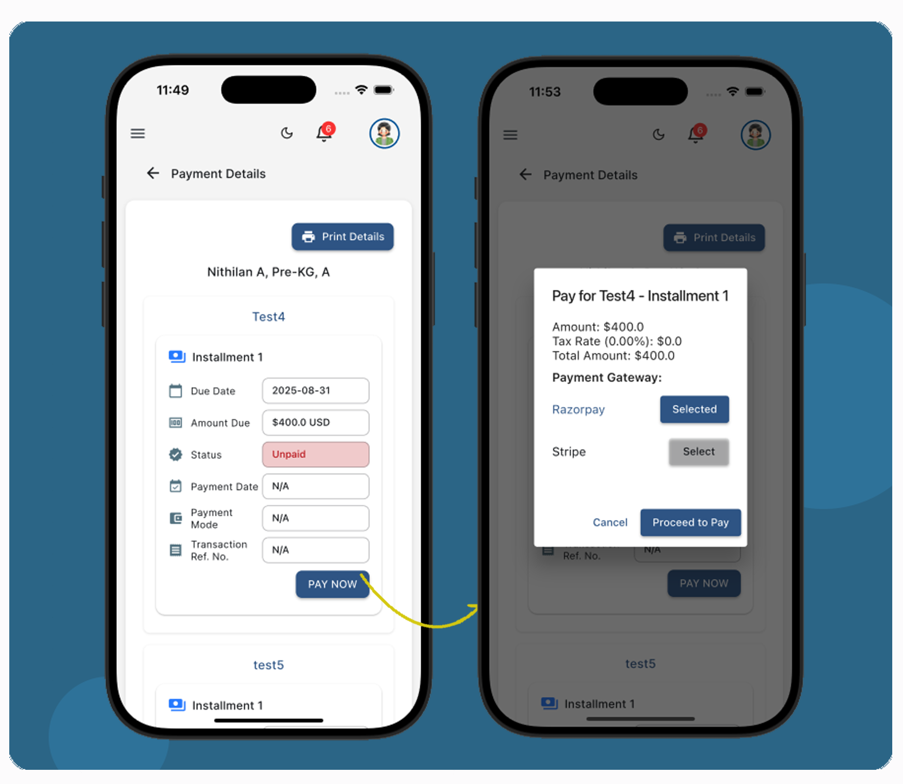Parent view of fee payments